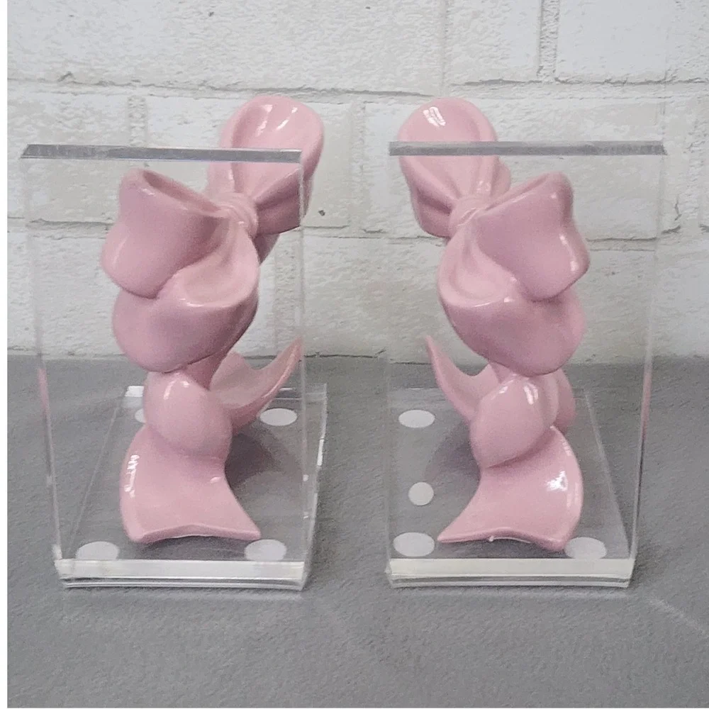 Pink Bow Bookends Coquette Bookend Acrylic Resin Girly Office Nursery 2 Pc Clear